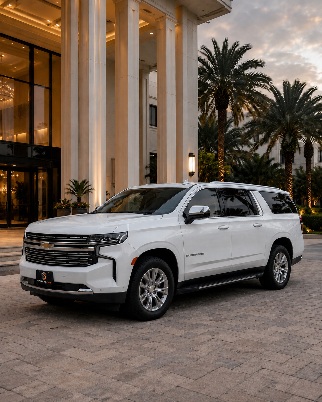 White Chevrolet Suburban Premier at resort entrance